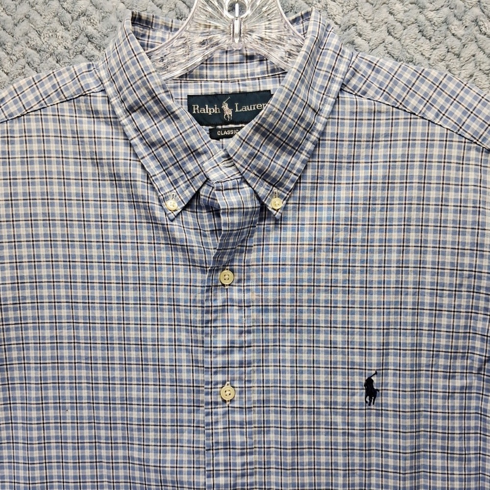 Polo Ralph Lauren Mens Classic Fit Plaid Button Down Shirt Blue White 17 34/35
